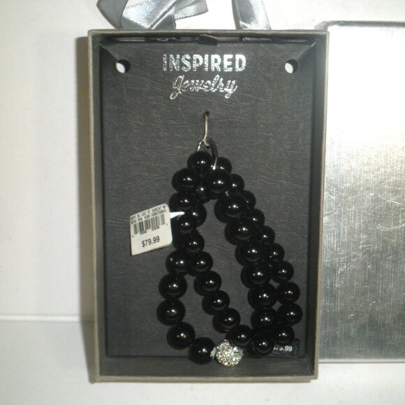 Vintage Black Glass  Double-Strand Beaded Elastic Bracelet - Picture 3 of 4